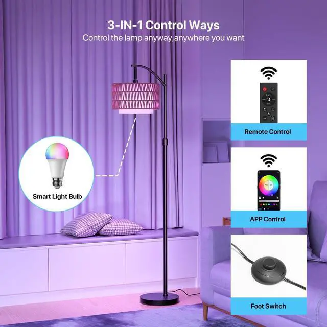 Alt view image 7 of 7 - Boho Floor Lamp - Arched Floor Lamps for Living Room, Farmhouse Floor Lamp with 3 Color Temperature Black Standing Lamp with Rattan & Fabric Double Shade Bohemian Rattan Floor Lamps for Bedroom Office