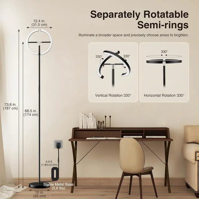 Alt view image 4 of 7 - FIMEI Split Floor Lamp Modern LED Rotatable Floor Lamp, Eye-Protection Reading Standing Lamp with Stepless Dimming and 3000K-6000K Color, Separately Rotatable Design, Black