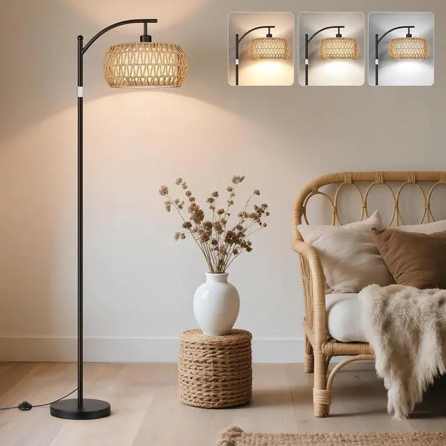 Main image of ROTTOGOON Rattan Floor Lamps for Living Room, Boho Standing Lamps with Rattan& Linen Double Shades, Arc Lamps Floor Standing with 9W Bulb, Foot Switch, Bohemian Floor Lamps for Bedroom, Office-Black