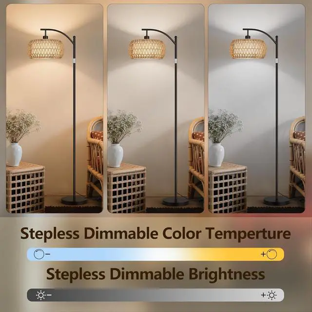 Alt view image 2 of 7 - ROTTOGOON Rattan Floor Lamps for Living Room, Boho Standing Lamps with Rattan& Linen Double Shades, Arc Lamps Floor Standing with 9W Bulb, Foot Switch, Bohemian Floor Lamps for Bedroom, Office-Black