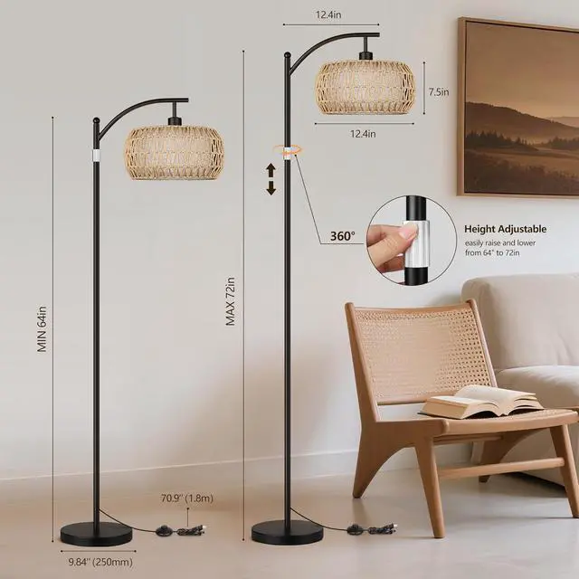 Alt view image 3 of 7 - ROTTOGOON Rattan Floor Lamps for Living Room, Boho Standing Lamps with Rattan& Linen Double Shades, Arc Lamps Floor Standing with 9W Bulb, Foot Switch, Bohemian Floor Lamps for Bedroom, Office-Black