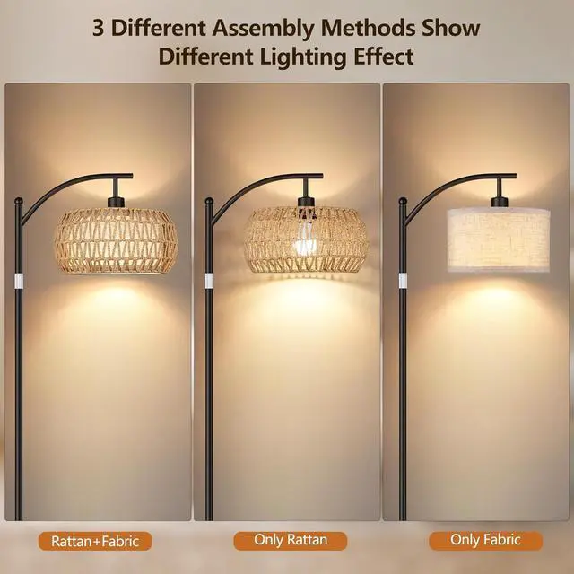 Alt view image 4 of 7 - ROTTOGOON Rattan Floor Lamps for Living Room, Boho Standing Lamps with Rattan& Linen Double Shades, Arc Lamps Floor Standing with 9W Bulb, Foot Switch, Bohemian Floor Lamps for Bedroom, Office-Black