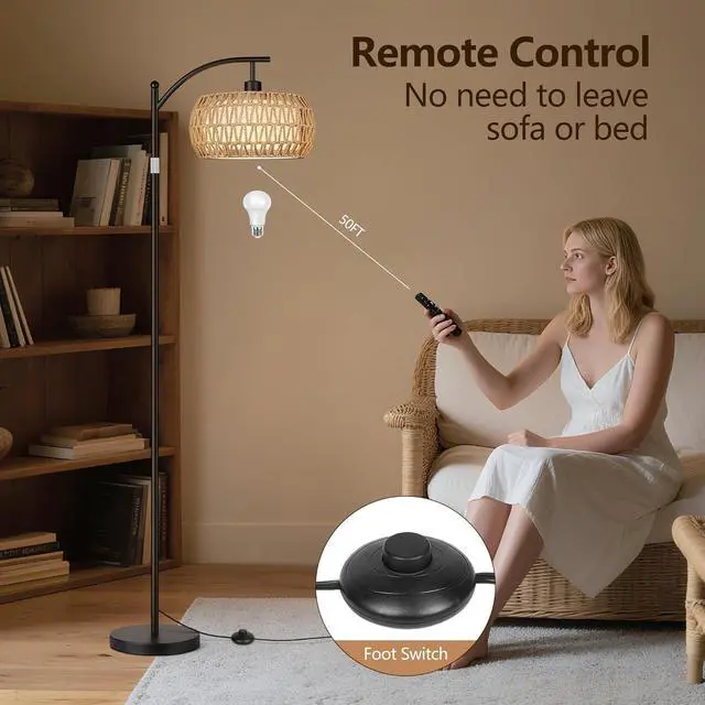 Alt view image 5 of 7 - ROTTOGOON Rattan Floor Lamps for Living Room, Boho Standing Lamps with Rattan& Linen Double Shades, Arc Lamps Floor Standing with 9W Bulb, Foot Switch, Bohemian Floor Lamps for Bedroom, Office-Black