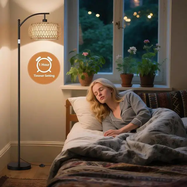 Alt view image 6 of 7 - ROTTOGOON Rattan Floor Lamps for Living Room, Boho Standing Lamps with Rattan& Linen Double Shades, Arc Lamps Floor Standing with 9W Bulb, Foot Switch, Bohemian Floor Lamps for Bedroom, Office-Black