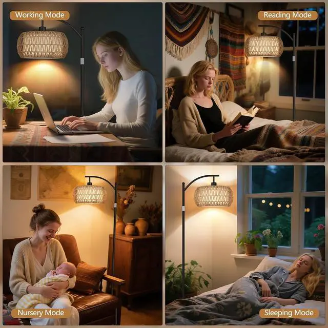 Alt view image 7 of 7 - ROTTOGOON Rattan Floor Lamps for Living Room, Boho Standing Lamps with Rattan& Linen Double Shades, Arc Lamps Floor Standing with 9W Bulb, Foot Switch, Bohemian Floor Lamps for Bedroom, Office-Black