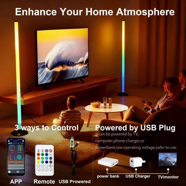 Alt view image 3 of 7 - Led Corner Floor Lamp USB Powered with App & Remote Control, IC+RGBW Color Changing Led Lamp Music Sync, Timer Setting, Standing Lamps for Living Room Lamp Bedroom Gaming Room, 1 Pack