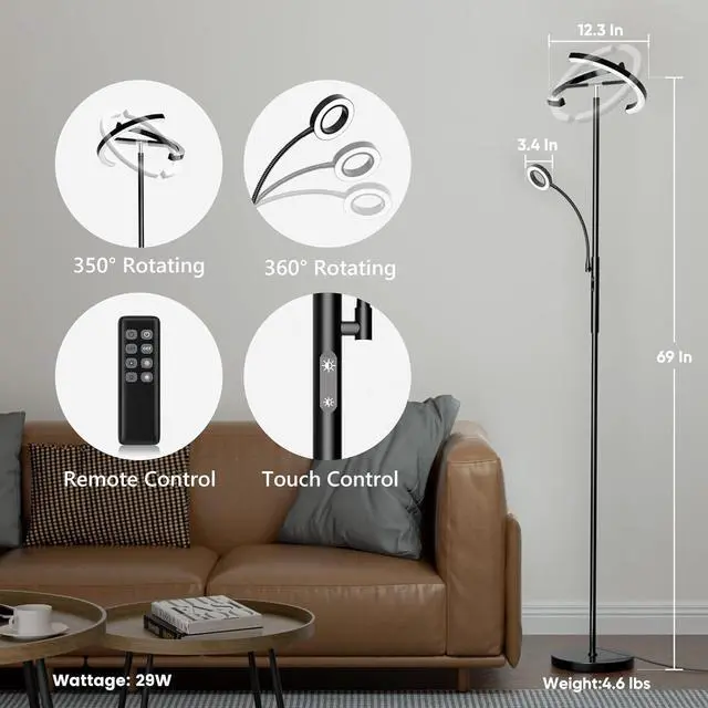 Alt view image 2 of 7 - Upgraded 2-in-1 LED Floor Lamp - Dimmable Mother-Daughter Standing Lamp with Remote&Touch Control, 29W Bright Floor Reading Light, Black Modern Standing Light for Living Room Bedroom Office