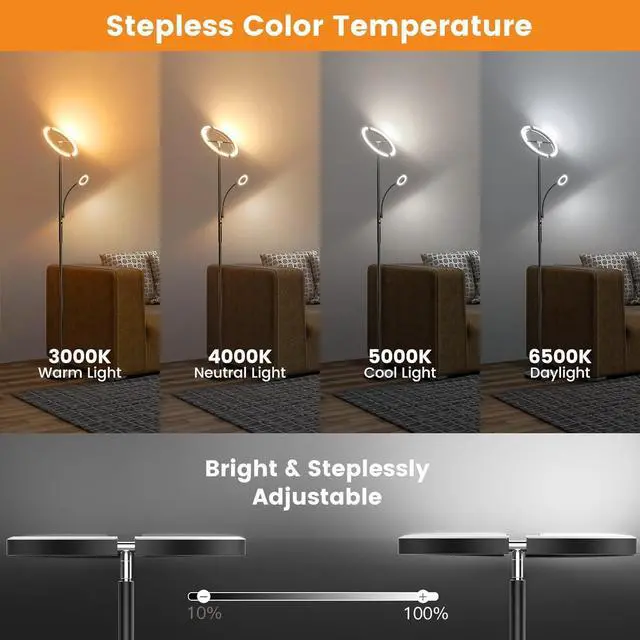 Alt view image 3 of 7 - Upgraded 2-in-1 LED Floor Lamp - Dimmable Mother-Daughter Standing Lamp with Remote&Touch Control, 29W Bright Floor Reading Light, Black Modern Standing Light for Living Room Bedroom Office
