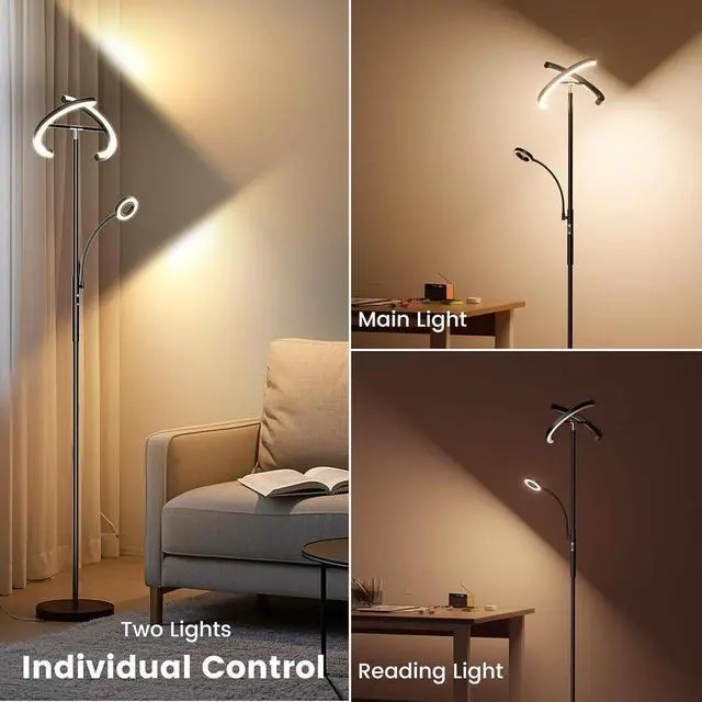Alt view image 4 of 7 - Upgraded 2-in-1 LED Floor Lamp - Dimmable Mother-Daughter Standing Lamp with Remote&Touch Control, 29W Bright Floor Reading Light, Black Modern Standing Light for Living Room Bedroom Office
