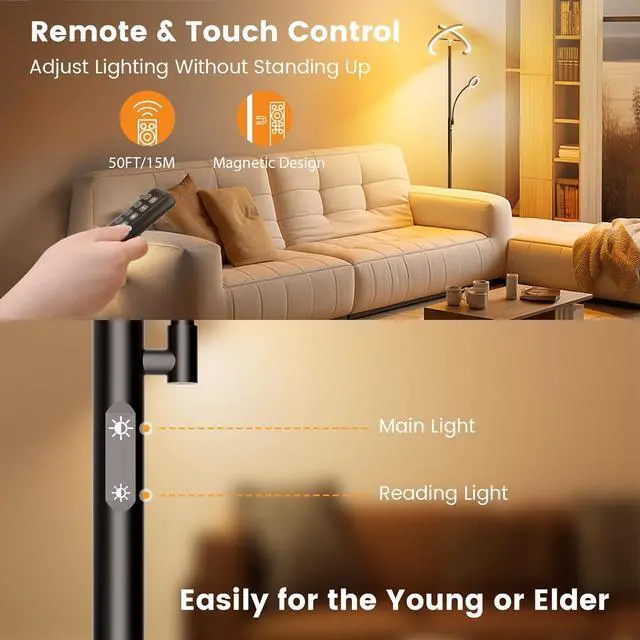 Alt view image 5 of 7 - Upgraded 2-in-1 LED Floor Lamp - Dimmable Mother-Daughter Standing Lamp with Remote&Touch Control, 29W Bright Floor Reading Light, Black Modern Standing Light for Living Room Bedroom Office