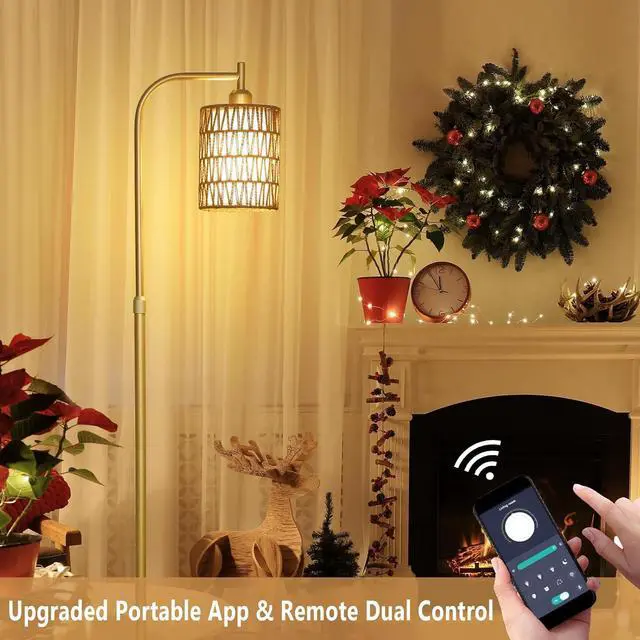 Alt view image 3 of 7 - Modern Gold Floor Lamps for Living Room, Boho Rattan Floor Lamp with Remote & Dimmable LED Bulb, Farmhouse Standing Lamp with Rattan Shades, Minimalist Tall Pole Lamp for Bedroom Office