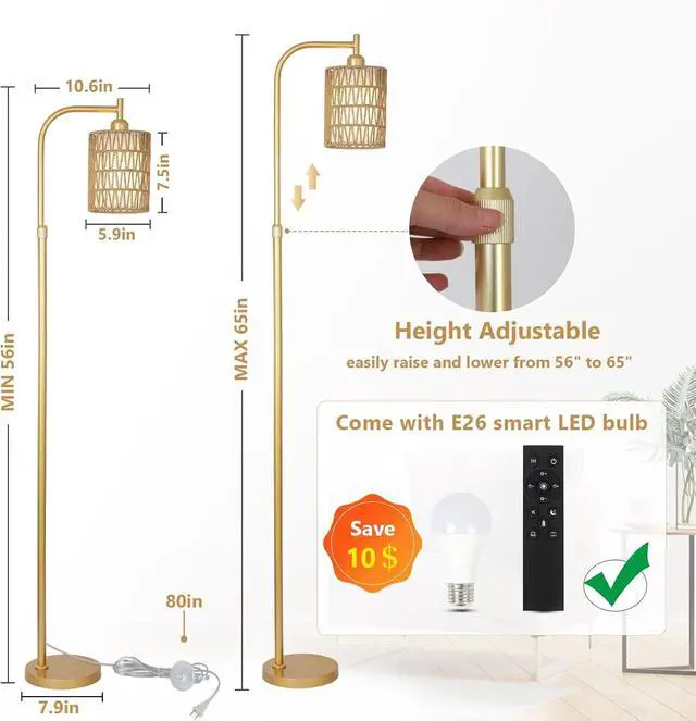 Alt view image 4 of 7 - Modern Gold Floor Lamps for Living Room, Boho Rattan Floor Lamp with Remote & Dimmable LED Bulb, Farmhouse Standing Lamp with Rattan Shades, Minimalist Tall Pole Lamp for Bedroom Office