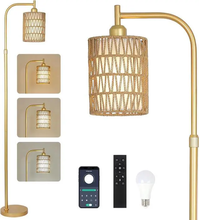 Main image of Modern Gold Floor Lamps for Living Room, Boho Rattan Floor Lamp with Remote & Dimmable LED Bulb, Farmhouse Standing Lamp with Rattan Shades, Minimalist Tall Pole Lamp for Bedroom Office