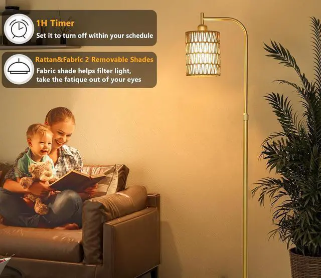 Alt view image 5 of 7 - Modern Gold Floor Lamps for Living Room, Boho Rattan Floor Lamp with Remote & Dimmable LED Bulb, Farmhouse Standing Lamp with Rattan Shades, Minimalist Tall Pole Lamp for Bedroom Office