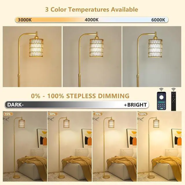 Alt view image 2 of 7 - Modern Gold Floor Lamps for Living Room, Boho Rattan Floor Lamp with Remote & Dimmable LED Bulb, Farmhouse Standing Lamp with Rattan Shades, Minimalist Tall Pole Lamp for Bedroom Office