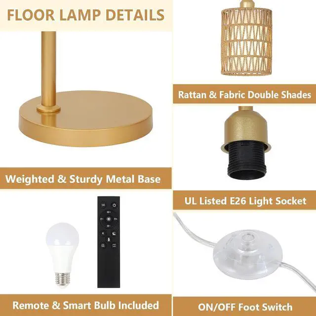 Alt view image 7 of 7 - Modern Gold Floor Lamps for Living Room, Boho Rattan Floor Lamp with Remote & Dimmable LED Bulb, Farmhouse Standing Lamp with Rattan Shades, Minimalist Tall Pole Lamp for Bedroom Office