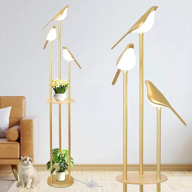 Main image of Gold Floor Lamps for Living Room, Modern Floor Lamp with Shelves, Mid Century Standing Lamp with 3 Adjustable LED Bird Lights, Corner Tall Lamp with Table, Brass Stand up Lamp for Bedroom Kids Room
