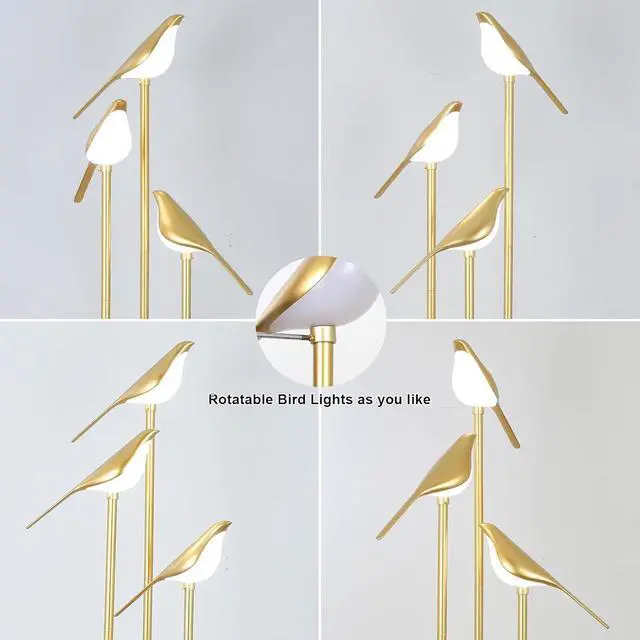 Alt view image 3 of 7 - Gold Floor Lamps for Living Room, Modern Floor Lamp with Shelves, Mid Century Standing Lamp with 3 Adjustable LED Bird Lights, Corner Tall Lamp with Table, Brass Stand up Lamp for Bedroom Kids Room