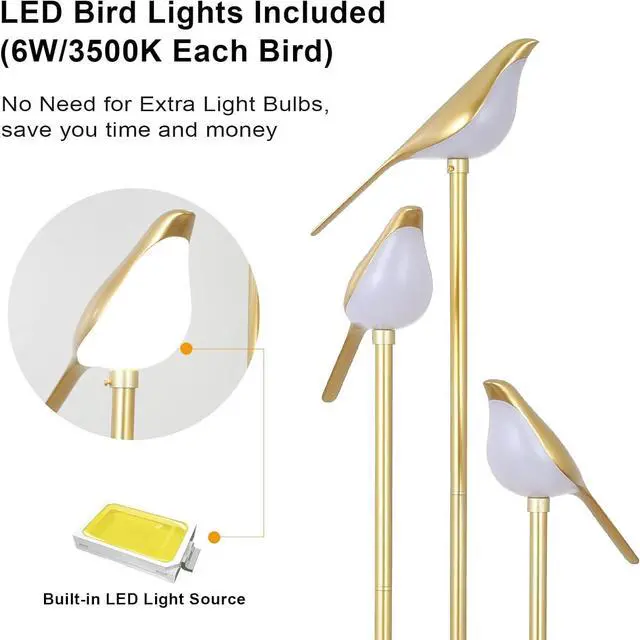 Alt view image 2 of 7 - Gold Floor Lamps for Living Room, Modern Floor Lamp with Shelves, Mid Century Standing Lamp with 3 Adjustable LED Bird Lights, Corner Tall Lamp with Table, Brass Stand up Lamp for Bedroom Kids Room