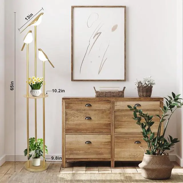 Alt view image 4 of 7 - Gold Floor Lamps for Living Room, Modern Floor Lamp with Shelves, Mid Century Standing Lamp with 3 Adjustable LED Bird Lights, Corner Tall Lamp with Table, Brass Stand up Lamp for Bedroom Kids Room