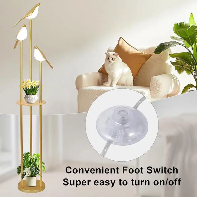 Alt view image 5 of 7 - Gold Floor Lamps for Living Room, Modern Floor Lamp with Shelves, Mid Century Standing Lamp with 3 Adjustable LED Bird Lights, Corner Tall Lamp with Table, Brass Stand up Lamp for Bedroom Kids Room