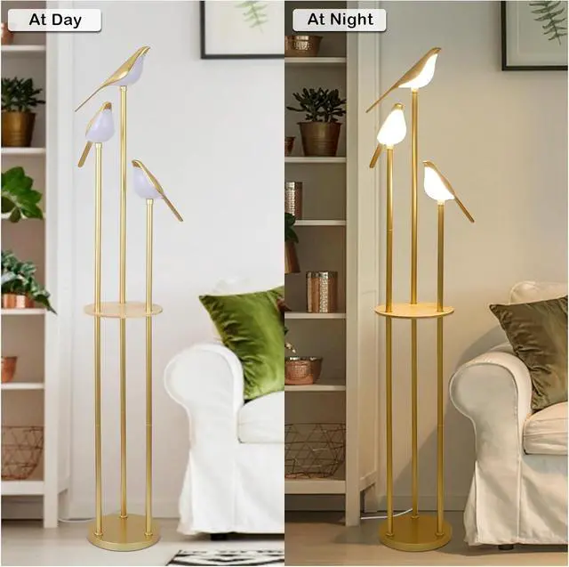 Alt view image 6 of 7 - Gold Floor Lamps for Living Room, Modern Floor Lamp with Shelves, Mid Century Standing Lamp with 3 Adjustable LED Bird Lights, Corner Tall Lamp with Table, Brass Stand up Lamp for Bedroom Kids Room