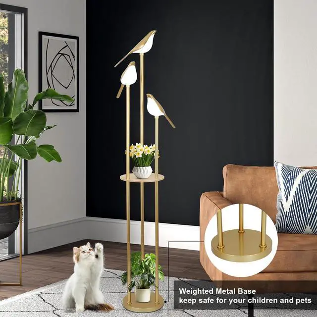 Alt view image 7 of 7 - Gold Floor Lamps for Living Room, Modern Floor Lamp with Shelves, Mid Century Standing Lamp with 3 Adjustable LED Bird Lights, Corner Tall Lamp with Table, Brass Stand up Lamp for Bedroom Kids Room