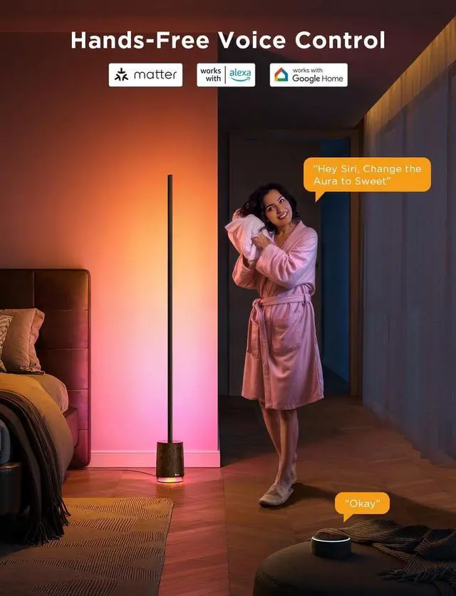 Alt view image 7 of 7 - Govee Floor Lamp Pro, RGBICWW LED Lamp with Bluetooth Speaker and White Noise, 2100 Lumens Standing Lamp, Works with Matter, 16 Million Colors, Music Sync, Floor Lamp for Bedroom, Living Room