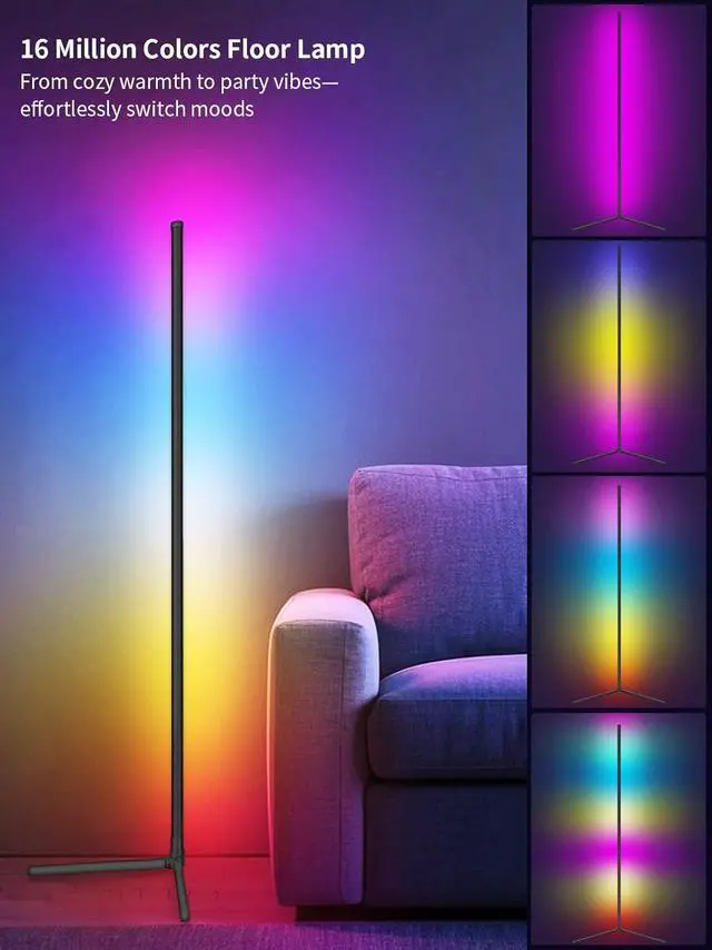 Alt view image 2 of 7 - Corner Lamp, Led Floor Lamp, RGB Ambient Lighting, Smart Modern Floor Lamp with Remote, Color Changing Dimmable Corner Light with Music Sync, Mood Lighting for Bedroom, Living Room Gaming Room