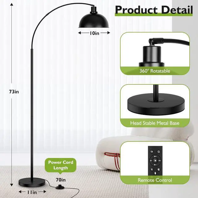 Alt view image 2 of 7 - Arc Floor Lamps for Living Room, Modern Tall Standing Lamp Remote Control,Stepless Dimmable Black Floor Lamp with Hanging Dome Shade, Over Couch Arched Reading Lamp for Bedroom (Bulb Included)