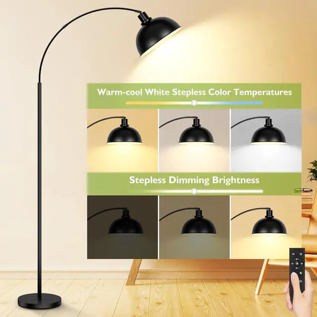 Alt view image 3 of 7 - Arc Floor Lamps for Living Room, Modern Tall Standing Lamp Remote Control,Stepless Dimmable Black Floor Lamp with Hanging Dome Shade, Over Couch Arched Reading Lamp for Bedroom (Bulb Included)