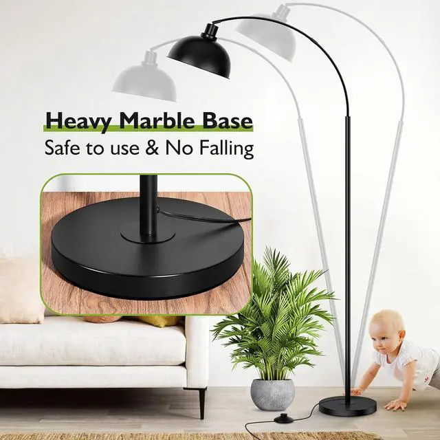 Alt view image 6 of 7 - Arc Floor Lamps for Living Room, Modern Tall Standing Lamp Remote Control,Stepless Dimmable Black Floor Lamp with Hanging Dome Shade, Over Couch Arched Reading Lamp for Bedroom (Bulb Included)
