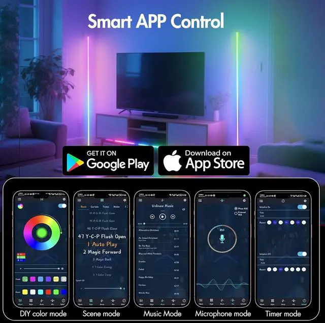 Alt view image 7 of 7 - RGB Corner Floor Lamp - Smart RGB LED Corner Lamp with APP Remote 16 Million RGBW Color Changing Light 300+ Scene, Music Sync Lights & Timer Floor Lamps for Living Room Bedroom Game Room