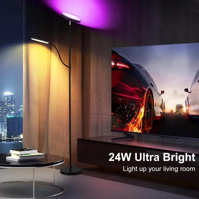 Alt view image 2 of 6 - Floor Lamp , Dimmable RGB Floor Lamp,24W/2000LM Main Light and 10W/350LM Side Reading Lamp, Adjustable 3 Colors 2700K/4000K/6500K Tall Lamp with Remote & Touch &APP Control for Living Room Bedroom