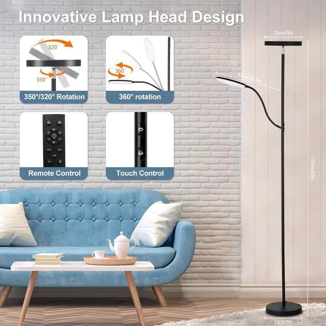 Alt view image 4 of 6 - Floor Lamp , Dimmable RGB Floor Lamp,24W/2000LM Main Light and 10W/350LM Side Reading Lamp, Adjustable 3 Colors 2700K/4000K/6500K Tall Lamp with Remote & Touch &APP Control for Living Room Bedroom