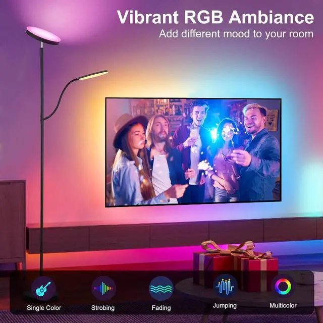 Alt view image 5 of 6 - Floor Lamp , Dimmable RGB Floor Lamp,24W/2000LM Main Light and 10W/350LM Side Reading Lamp, Adjustable 3 Colors 2700K/4000K/6500K Tall Lamp with Remote & Touch &APP Control for Living Room Bedroom