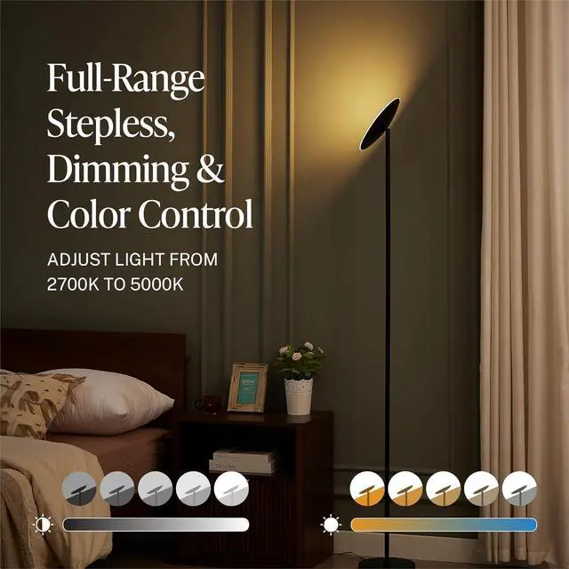 Alt view image 4 of 7 - Skylight LED Floor Lamp, 3200LM, 71" Modern Torchiere in Zen Black, Stepless Dimming, Remote & Touch Control, Bright Light for Living Room or Bedroom, Weighted Base