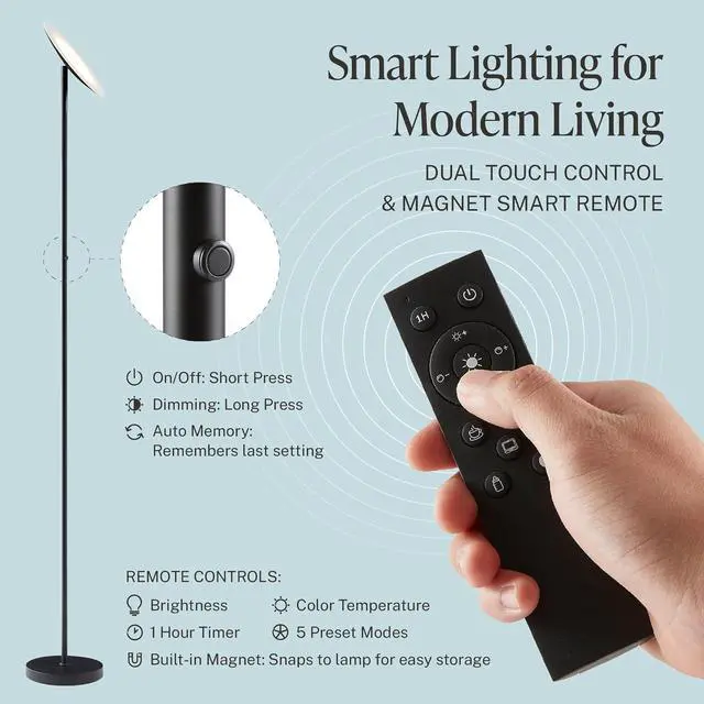 Alt view image 5 of 7 - Skylight LED Floor Lamp, 3200LM, 71" Modern Torchiere in Zen Black, Stepless Dimming, Remote & Touch Control, Bright Light for Living Room or Bedroom, Weighted Base