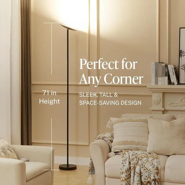 Alt view image 7 of 7 - Skylight LED Floor Lamp, 3200LM, 71" Modern Torchiere in Zen Black, Stepless Dimming, Remote & Touch Control, Bright Light for Living Room or Bedroom, Weighted Base