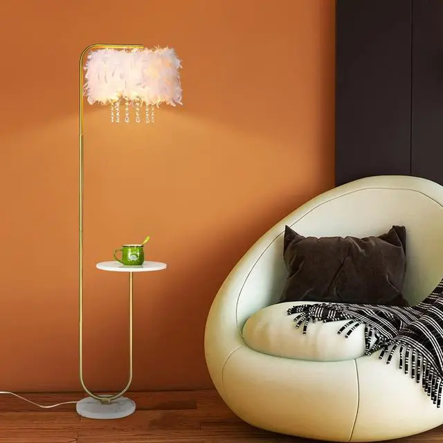 Main image of beaysyty Unique Led White Feather Floor Lamp with Tray,Ostrich Feather Stand Lamp,Living Room Bedroom Office Shop Window Decoration Lamp,Foot Switch and Brass/Gold Finish Arc Floor Lamp