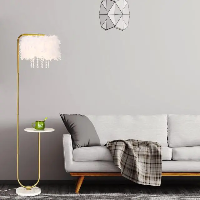 Alt view image 2 of 7 - beaysyty Unique Led White Feather Floor Lamp with Tray,Ostrich Feather Stand Lamp,Living Room Bedroom Office Shop Window Decoration Lamp,Foot Switch and Brass/Gold Finish Arc Floor Lamp