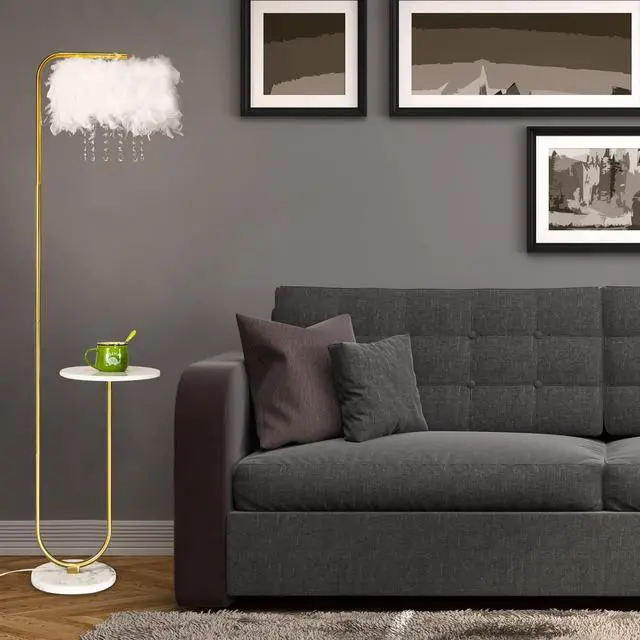 Alt view image 4 of 7 - beaysyty Unique Led White Feather Floor Lamp with Tray,Ostrich Feather Stand Lamp,Living Room Bedroom Office Shop Window Decoration Lamp,Foot Switch and Brass/Gold Finish Arc Floor Lamp