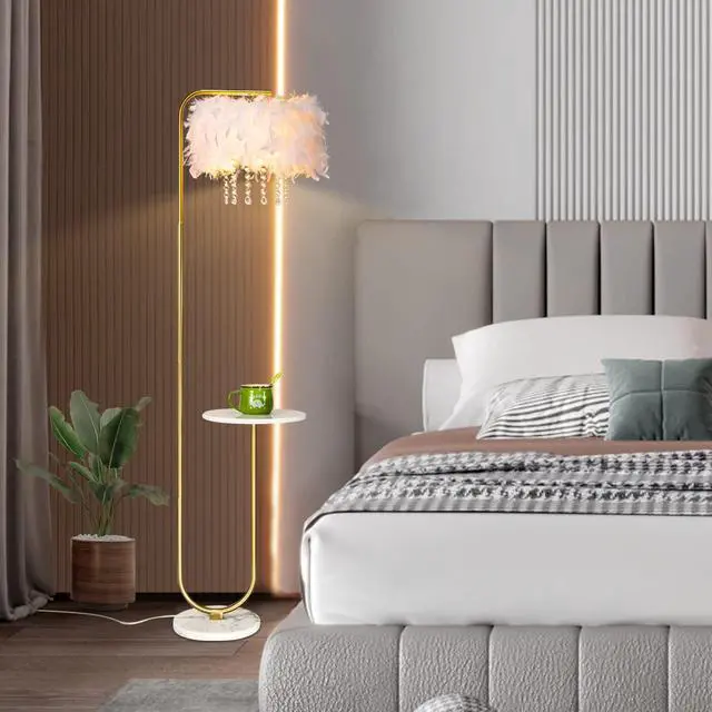 Alt view image 3 of 7 - beaysyty Unique Led White Feather Floor Lamp with Tray,Ostrich Feather Stand Lamp,Living Room Bedroom Office Shop Window Decoration Lamp,Foot Switch and Brass/Gold Finish Arc Floor Lamp
