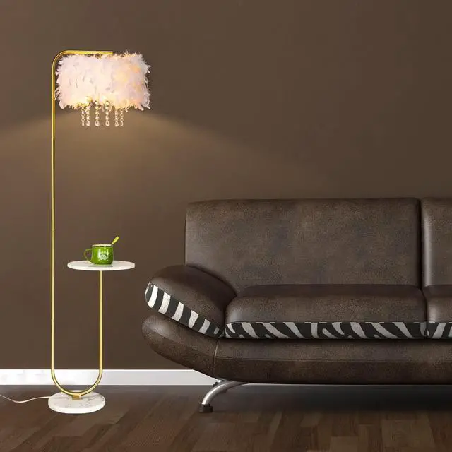 Alt view image 5 of 7 - beaysyty Unique Led White Feather Floor Lamp with Tray,Ostrich Feather Stand Lamp,Living Room Bedroom Office Shop Window Decoration Lamp,Foot Switch and Brass/Gold Finish Arc Floor Lamp
