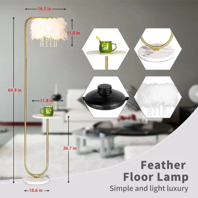 Alt view image 6 of 7 - beaysyty Unique Led White Feather Floor Lamp with Tray,Ostrich Feather Stand Lamp,Living Room Bedroom Office Shop Window Decoration Lamp,Foot Switch and Brass/Gold Finish Arc Floor Lamp