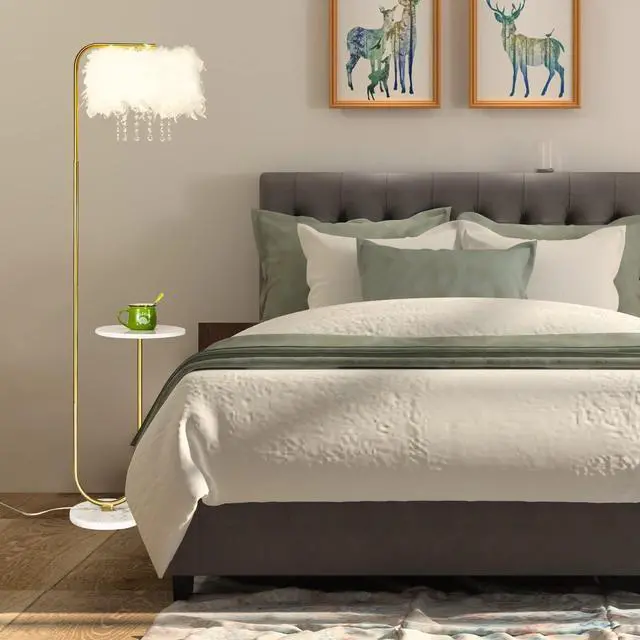 Alt view image 7 of 7 - beaysyty Unique Led White Feather Floor Lamp with Tray,Ostrich Feather Stand Lamp,Living Room Bedroom Office Shop Window Decoration Lamp,Foot Switch and Brass/Gold Finish Arc Floor Lamp