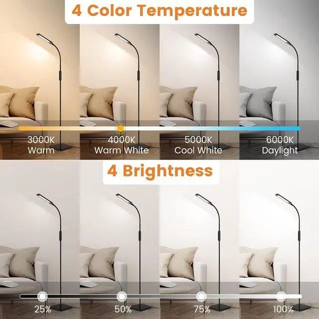 Alt view image 2 of 6 - LASTAR LED Floor Lamp, Reading Lamp with 3000K-6000K & 4 Brightness Levels, Dimmable Standing Lamps for Living Room, Office with Flexible Gooseneck,Timer & Memory Function