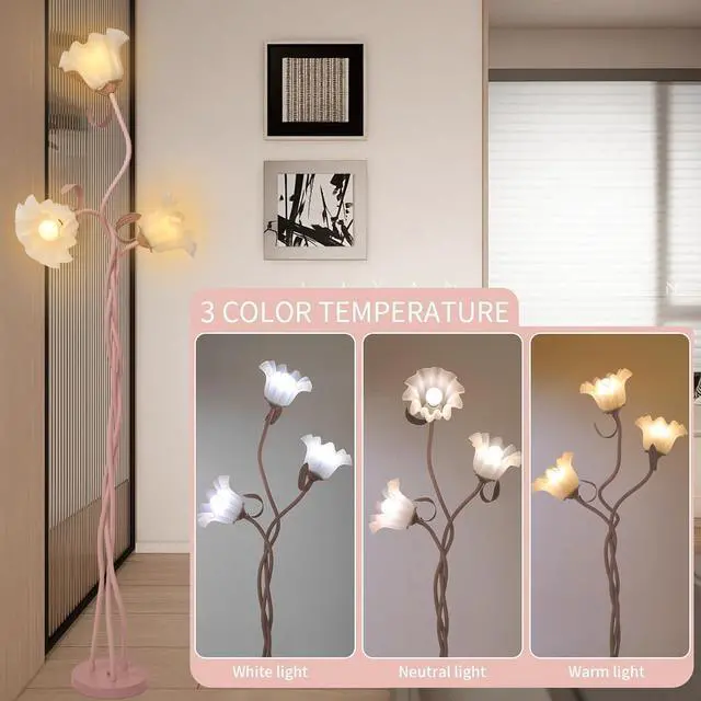 Alt view image 2 of 7 - Flower Floor Lamp for Living Room, Tall Standing Reading Lamp with Flexible Neck Shaft for Bedroom Decor, Modern Corner Floor Lamps with 3-Color Temperatures LED Bulb (Pink)