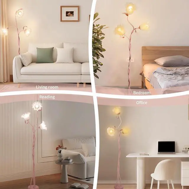 Alt view image 3 of 7 - Flower Floor Lamp for Living Room, Tall Standing Reading Lamp with Flexible Neck Shaft for Bedroom Decor, Modern Corner Floor Lamps with 3-Color Temperatures LED Bulb (Pink)