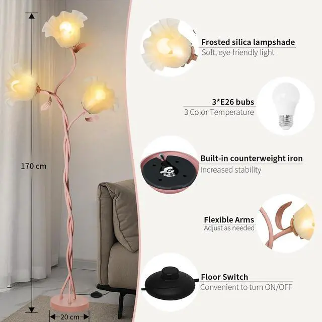Alt view image 4 of 7 - Flower Floor Lamp for Living Room, Tall Standing Reading Lamp with Flexible Neck Shaft for Bedroom Decor, Modern Corner Floor Lamps with 3-Color Temperatures LED Bulb (Pink)
